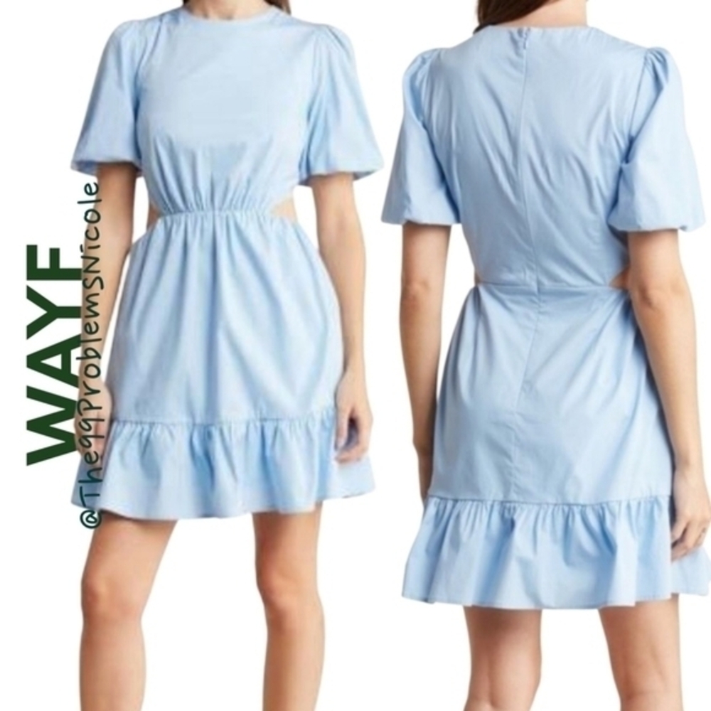 WAYF Puff Sleeve Side Cutout Minidress in Light Blue